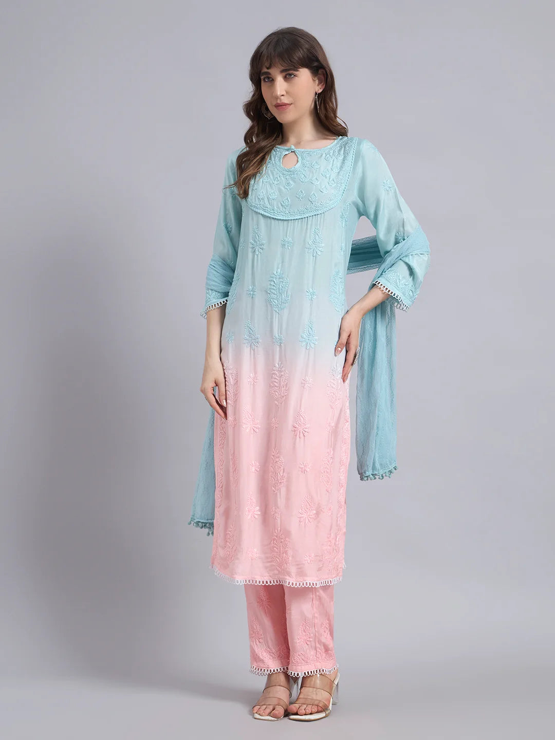 Pastel Ombre Muslin Handwork Kurta Palazzo Set with Dupatta for Women | Luxury Designer Ethnic Wear
