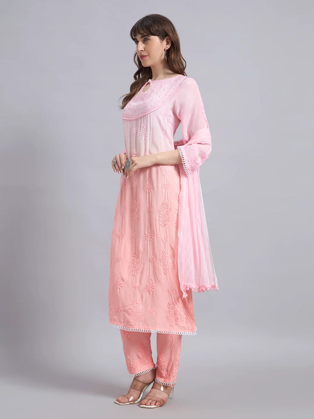 Pastel Ombre Muslin Handwork Kurta Palazzo Set with Dupatta for Women | Luxury Designer Ethnic Wear
