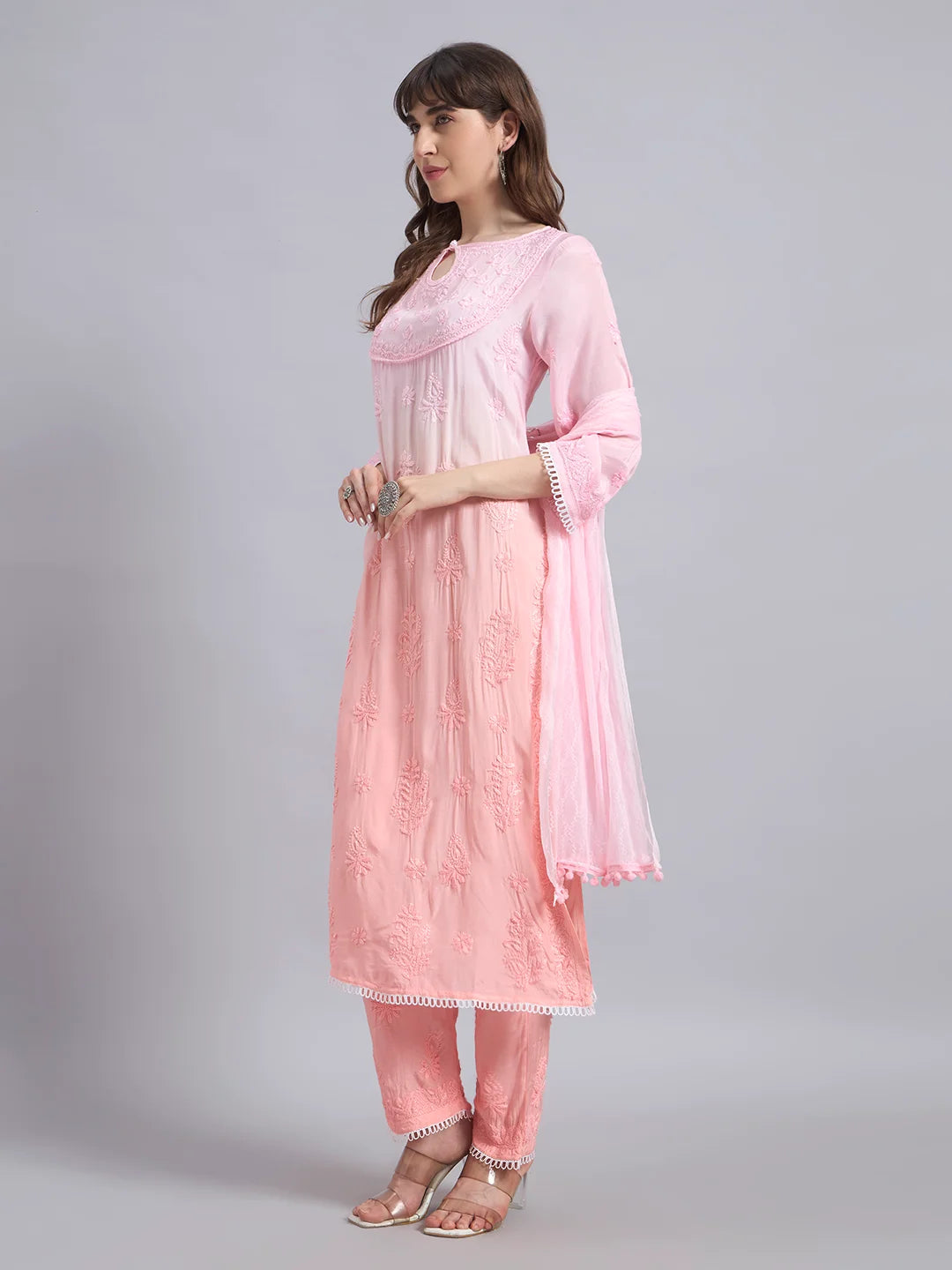 Pastel Ombre Muslin Handwork Kurta Palazzo Set with Dupatta for Women | Luxury Designer Ethnic Wear