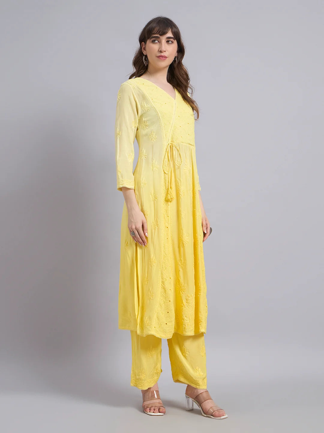 Luxury Sunshine Yellow Muslin Angrakha Kurta Palazzo Set with Dupatta | Premium Handcrafted Chikankari Elegance