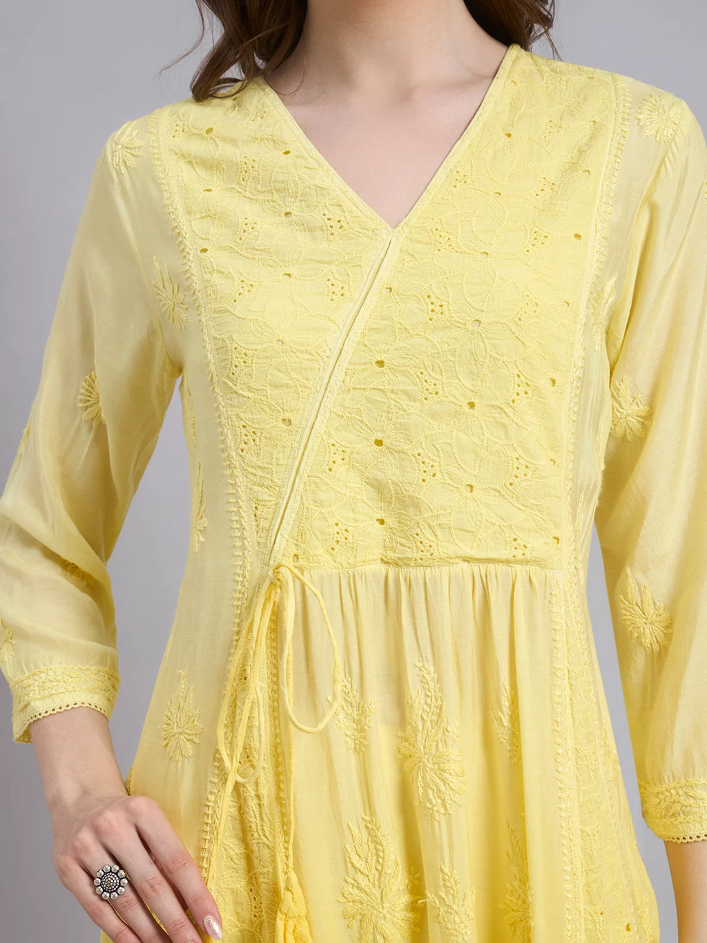 Luxury Sunshine Yellow Muslin Angrakha Kurta Palazzo Set with Dupatta | Premium Handcrafted Chikankari Elegance