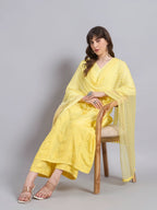 Luxury Sunshine Yellow Muslin Angrakha Kurta Palazzo Set with Dupatta | Premium Handcrafted Chikankari Elegance