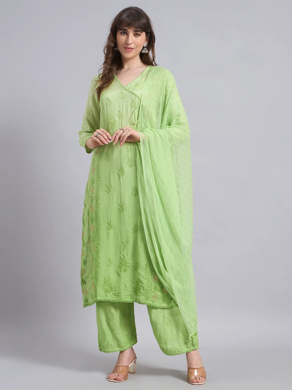 Luxury Muslin Chikankari Anarkha Suit with Dupatta for Women | Premium Lucknowi Handcrafted Elegance