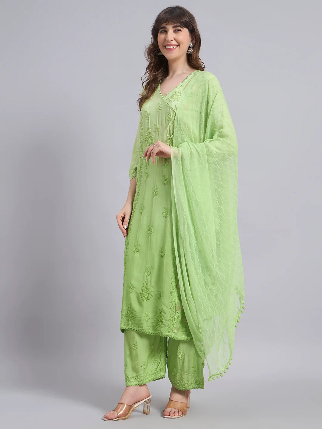 Luxury Muslin Chikankari Anarkha Suit with Dupatta for Women | Premium Lucknowi Handcrafted Elegance