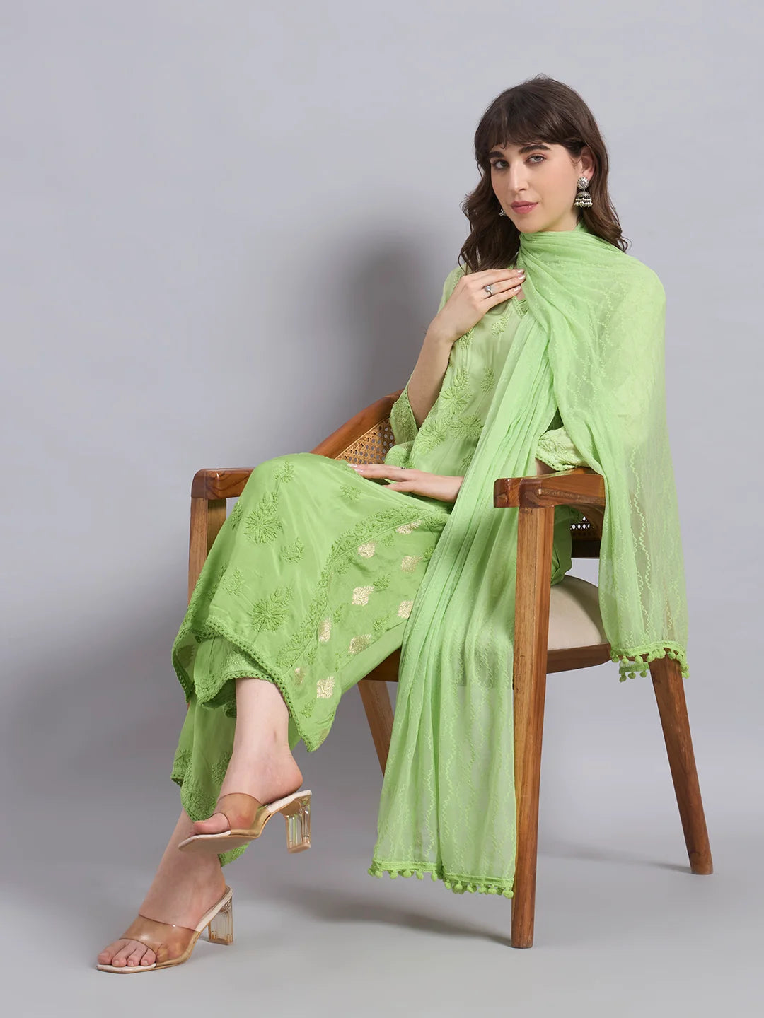 Luxury Muslin Chikankari Anarkha Suit with Dupatta for Women | Premium Lucknowi Handcrafted Elegance