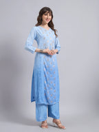 Luxury Sky Blue Chanderi Handwork Kurta Palazzo Set with Dupatta for Women | Premium Designer Ethnic Wear