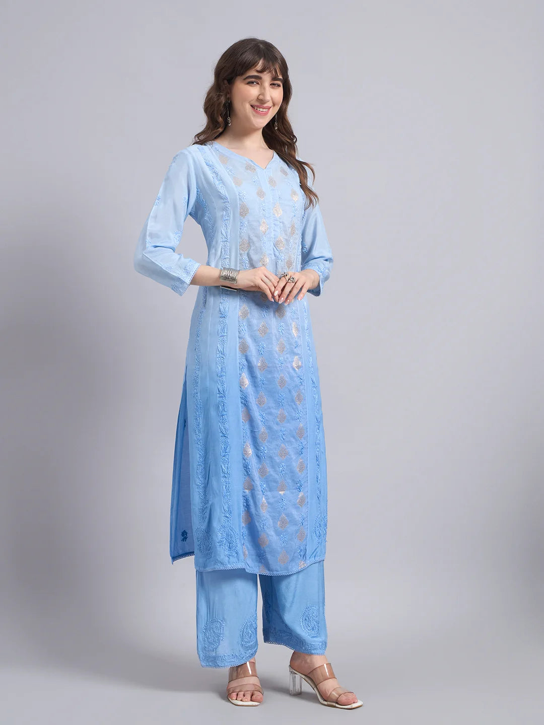 Luxury Sky Blue Chanderi Handwork Kurta Palazzo Set with Dupatta for Women | Premium Designer Ethnic Wear