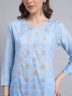Luxury Sky Blue Chanderi Handwork Kurta Palazzo Set with Dupatta for Women | Premium Designer Ethnic Wear