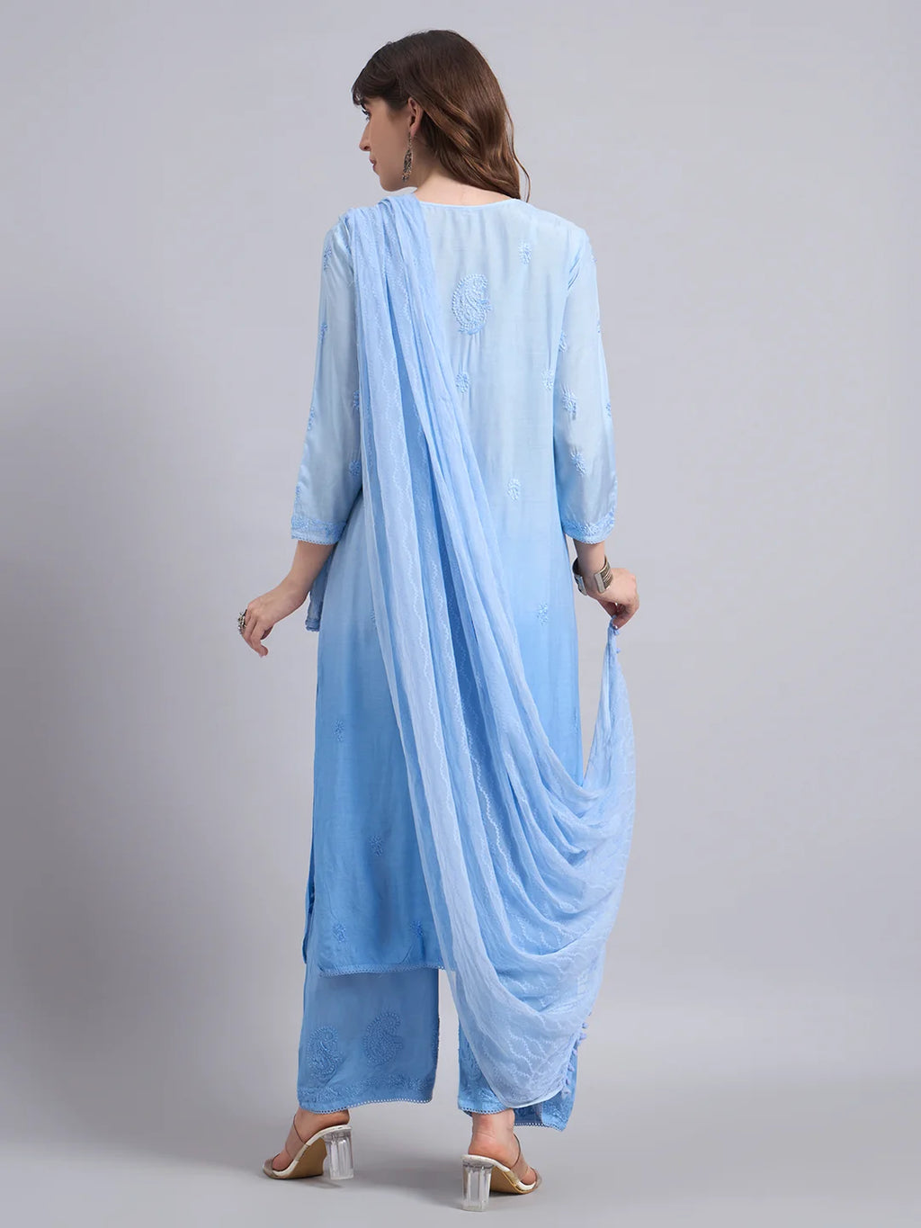 Luxury Sky Blue Chanderi Handwork Kurta Palazzo Set with Dupatta for Women | Premium Designer Ethnic Wear
