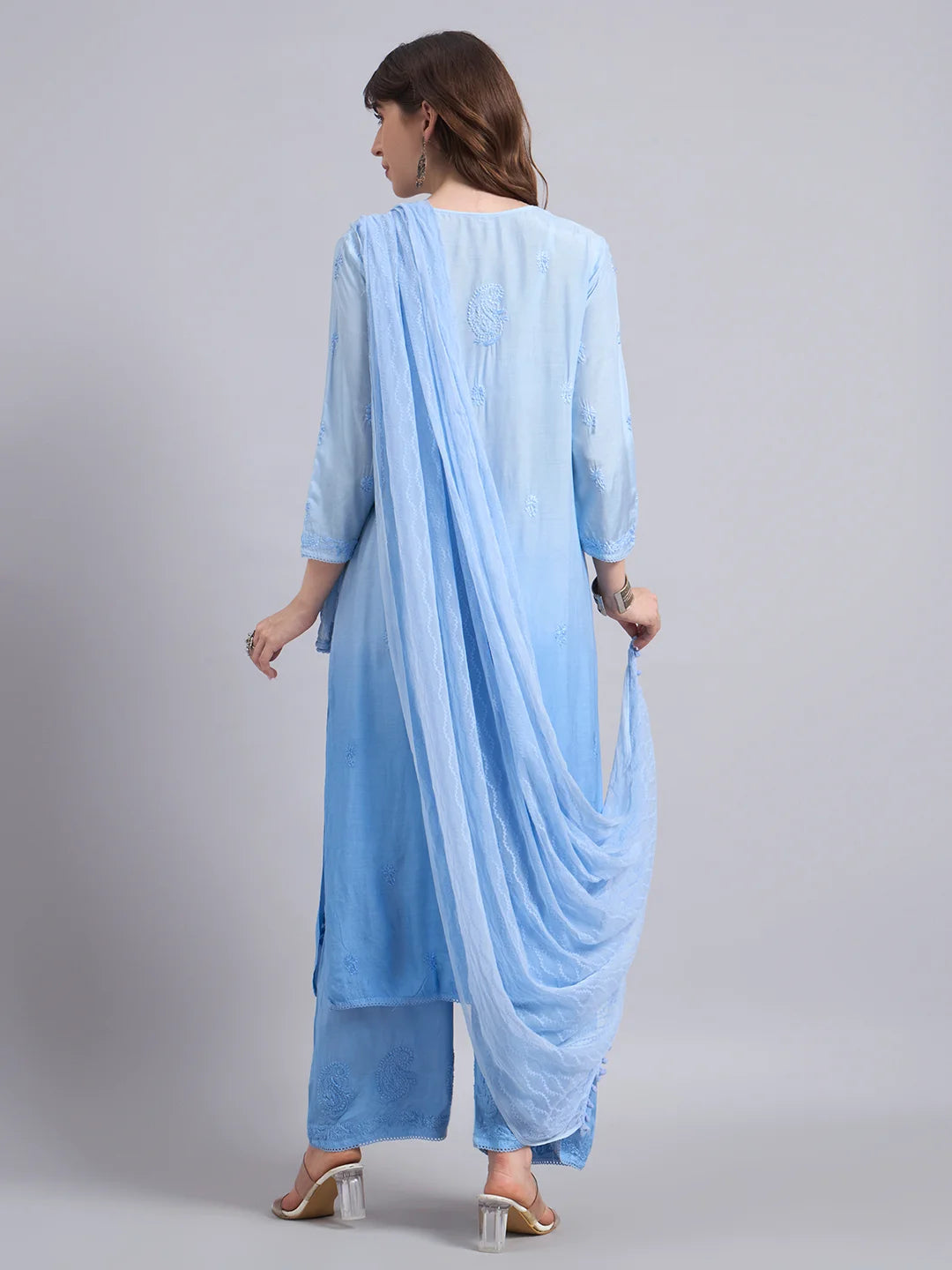 Luxury Sky Blue Chanderi Handwork Kurta Palazzo Set with Dupatta for Women | Premium Designer Ethnic Wear