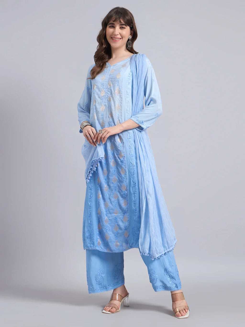Luxury Sky Blue Chanderi Handwork Kurta Palazzo Set with Dupatta for Women | Premium Designer Ethnic Wear