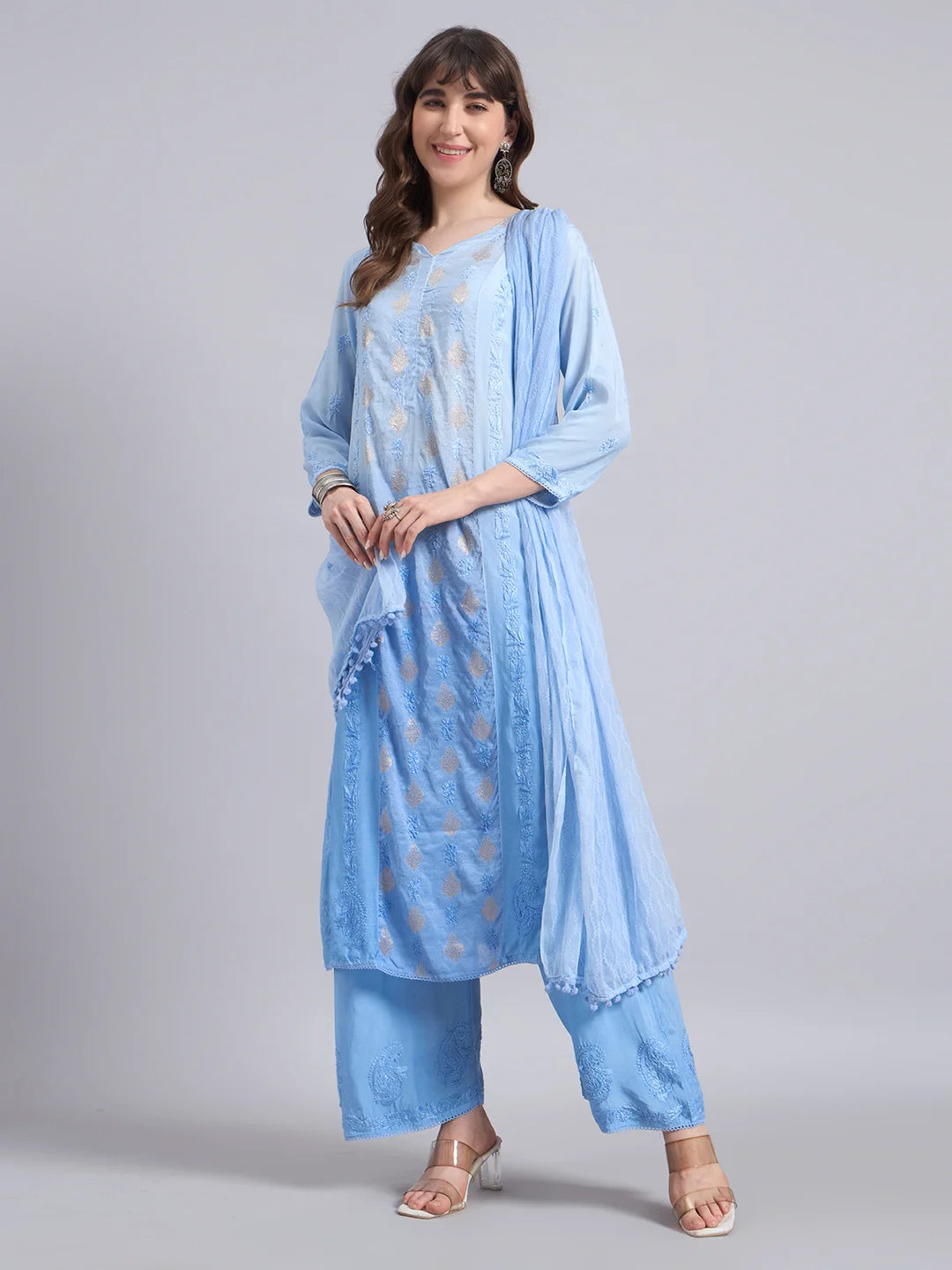 Luxury Sky Blue Chanderi Handwork Kurta Palazzo Set with Dupatta for Women | Premium Designer Ethnic Wear