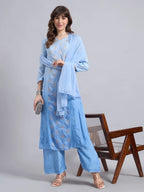 Luxury Sky Blue Chanderi Handwork Kurta Palazzo Set with Dupatta for Women | Premium Designer Ethnic Wear