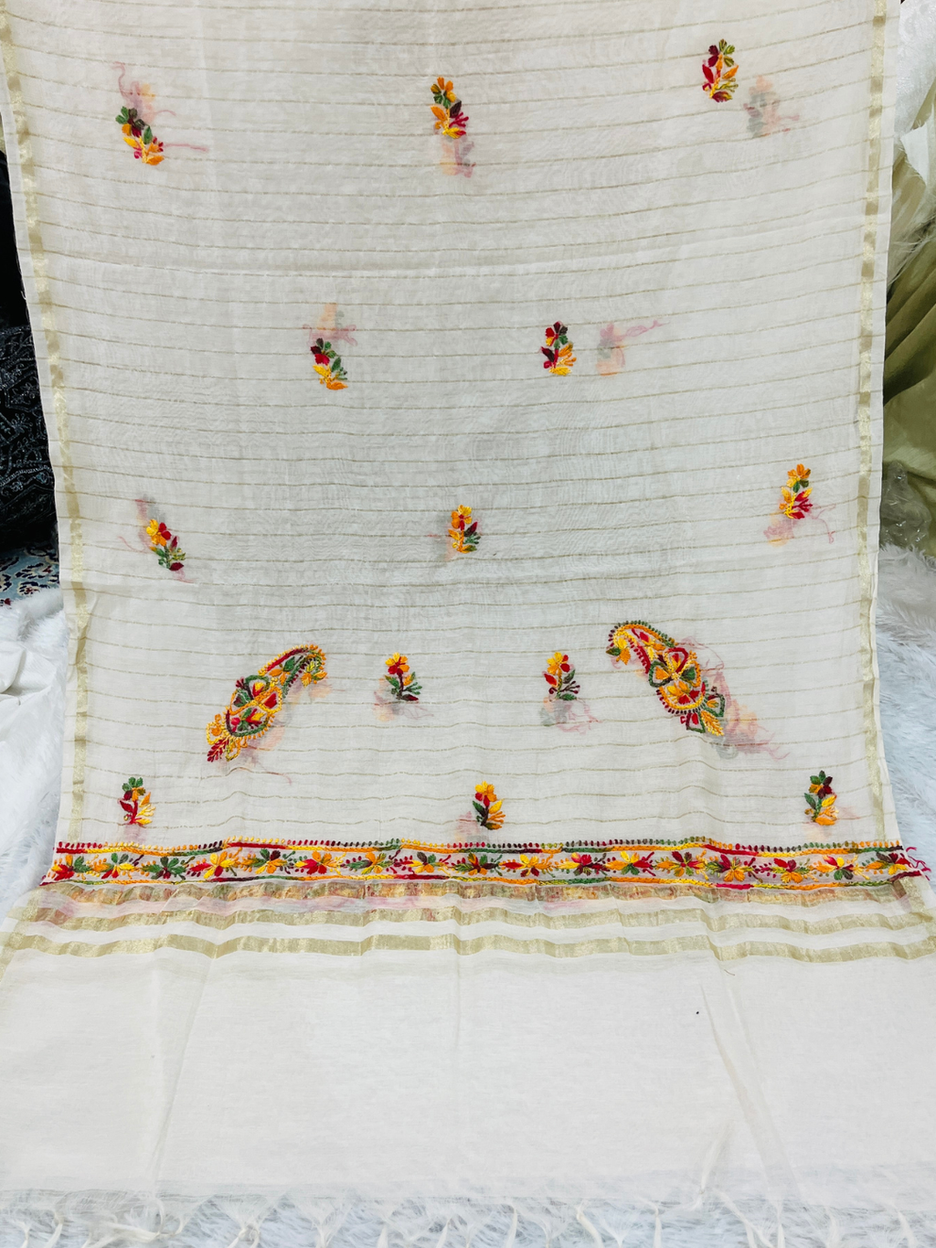 Premium Multicolor Handwork Mul Chanderi Unstitched Suit Set