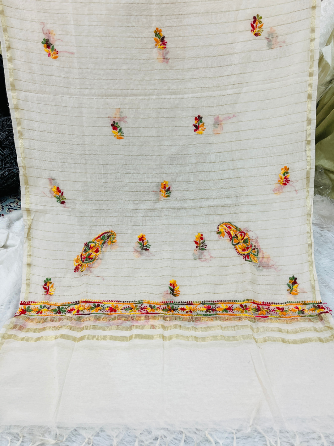 Premium Multicolor Handwork Mul Chanderi Unstitched Suit Set