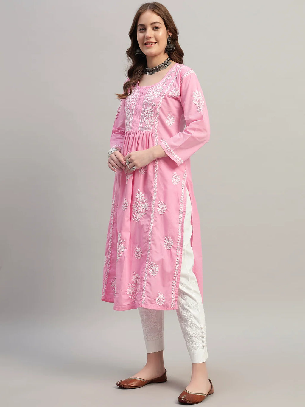 Premium Lucknowi Chikankari A-Line Kurti for Women | Hand Embroidered Ethnic Wear