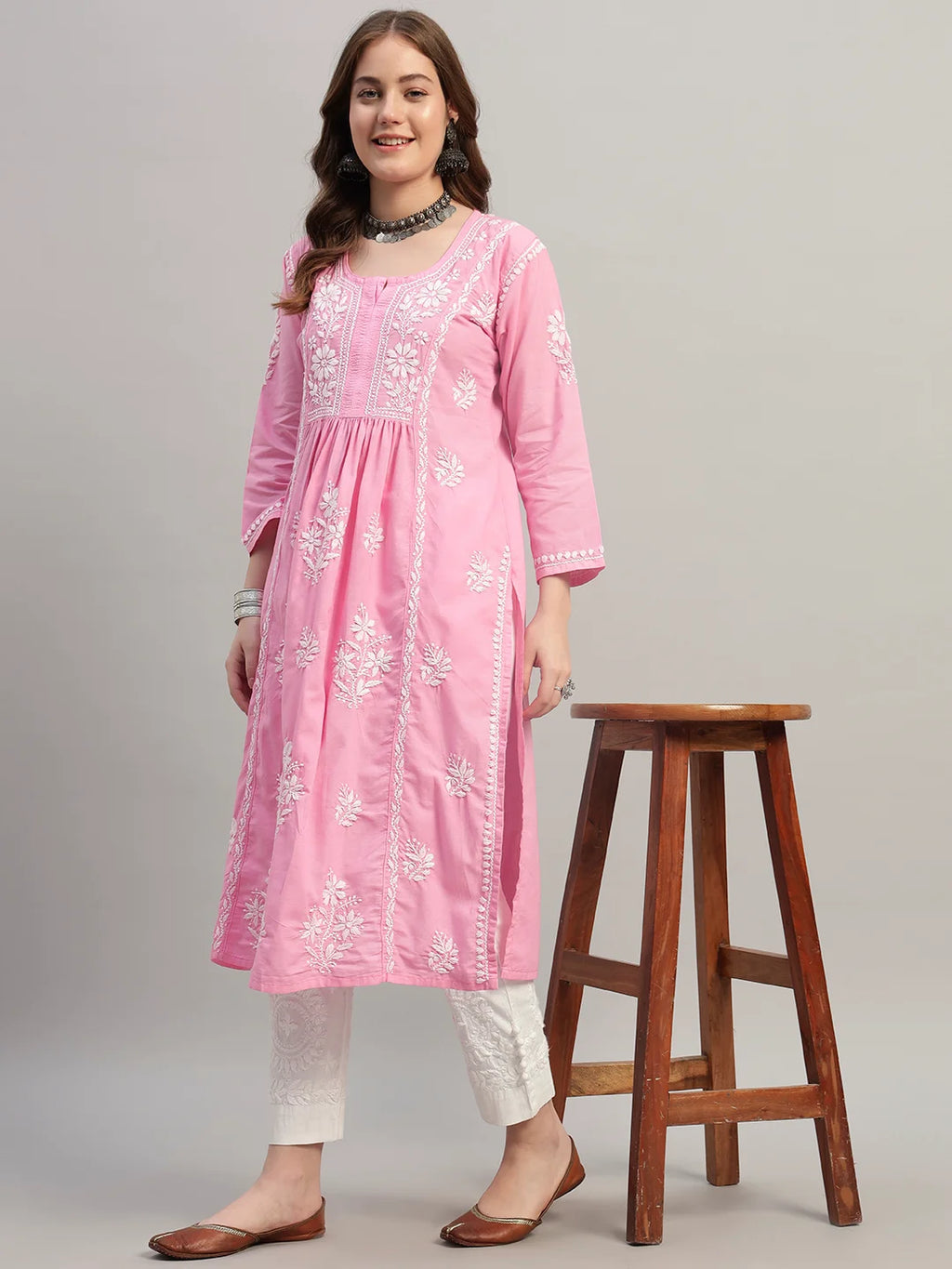 Premium Lucknowi Chikankari A-Line Kurti for Women | Hand Embroidered Ethnic Wear