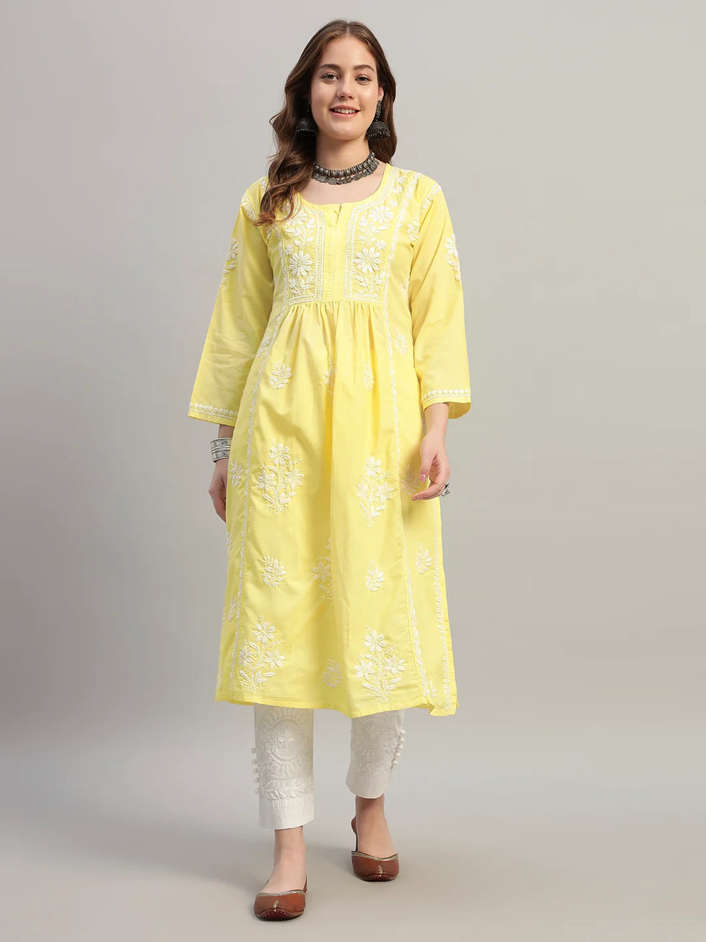 Premium Lucknowi Chikankari A-Line Kurti for Women | Hand Embroidered Ethnic Wear