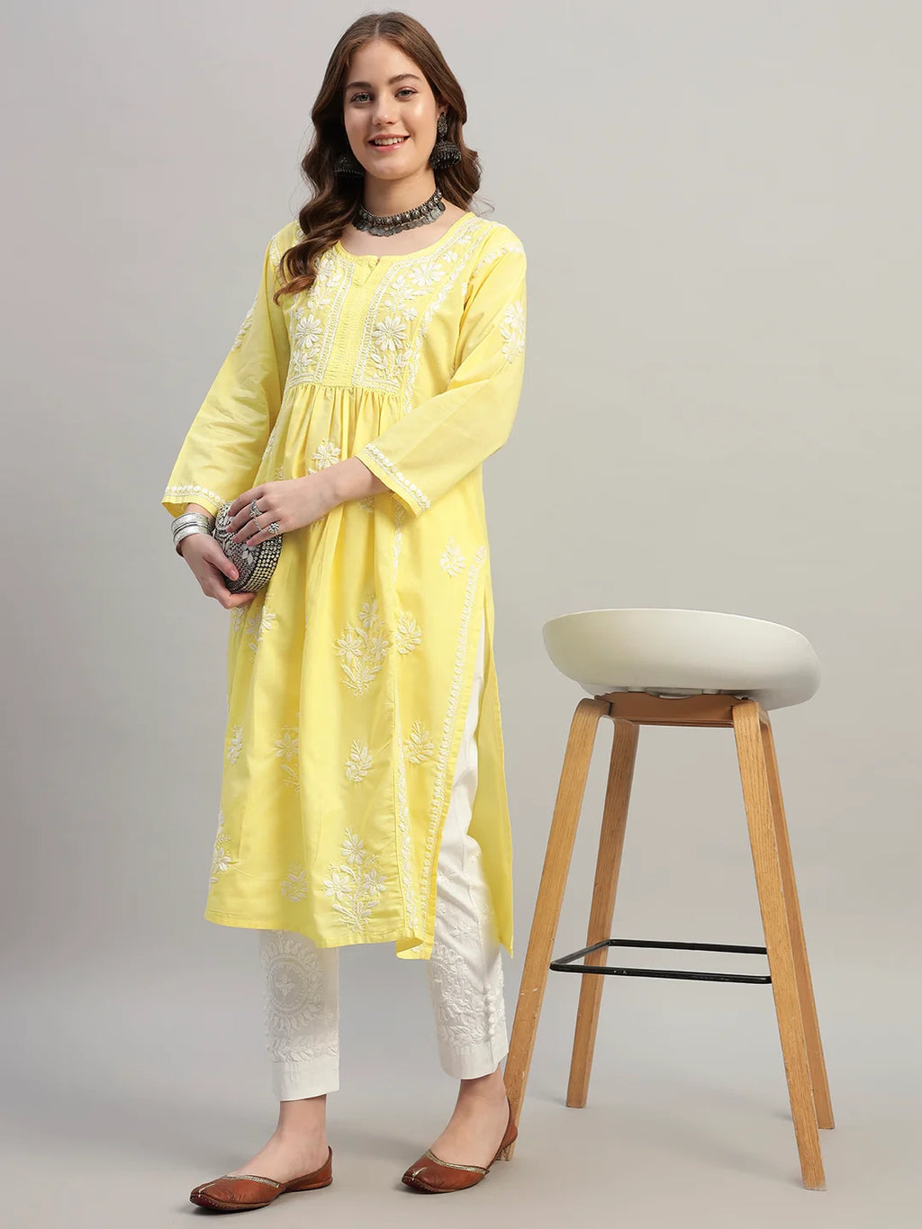 Premium Lucknowi Chikankari A-Line Kurti for Women | Hand Embroidered Ethnic Wear