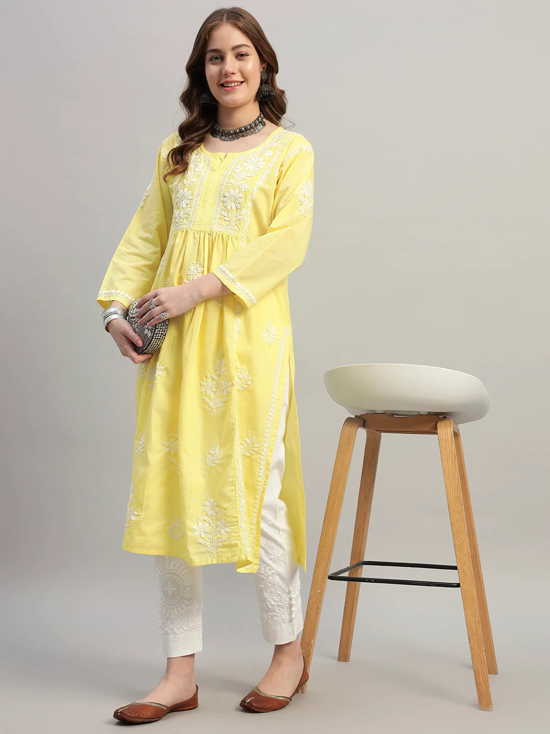 Premium Lucknowi Chikankari A-Line Kurti for Women | Hand Embroidered Ethnic Wear