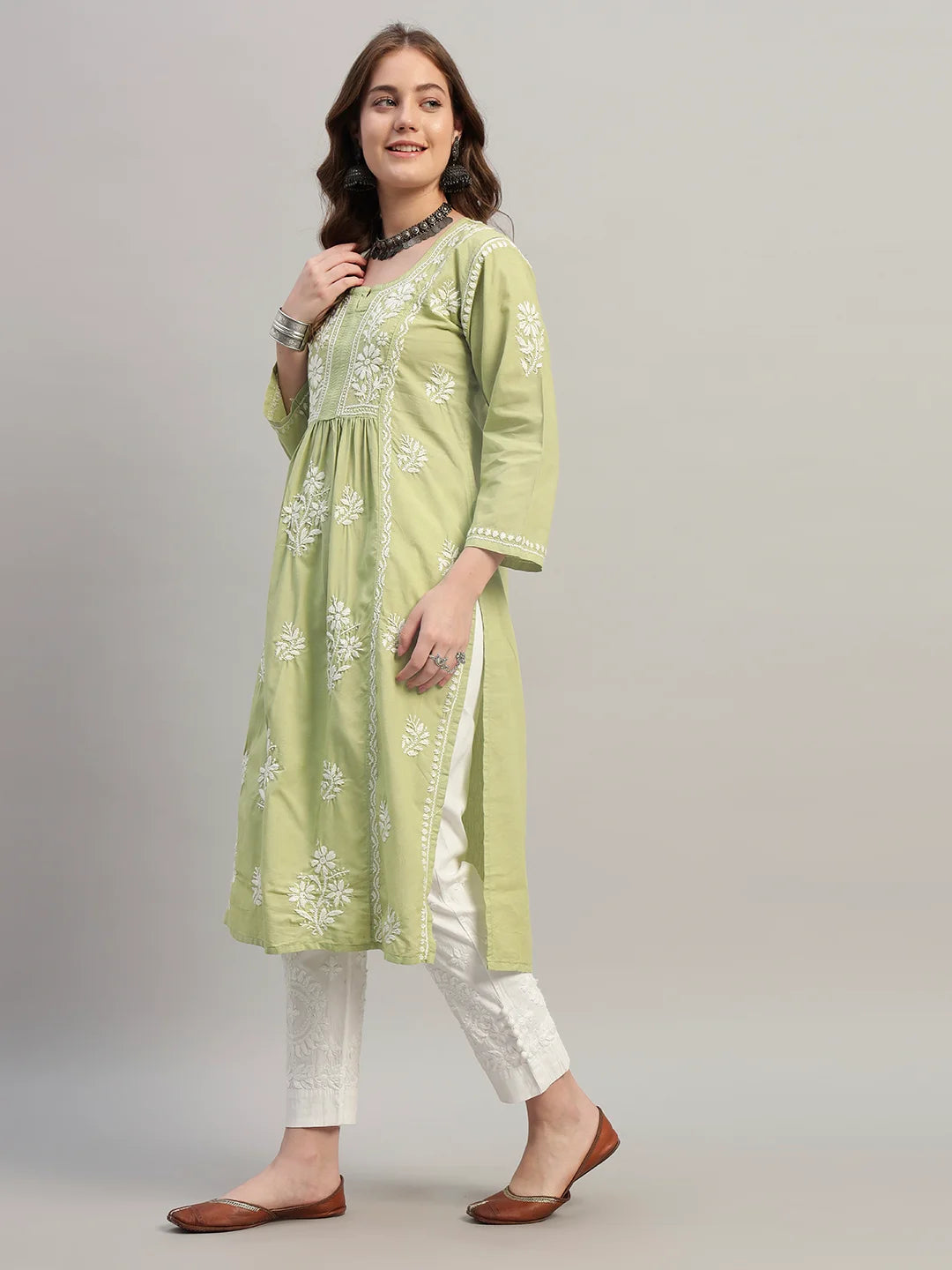Premium Lucknowi Chikankari A-Line Kurti for Women | Hand Embroidered Ethnic Wear