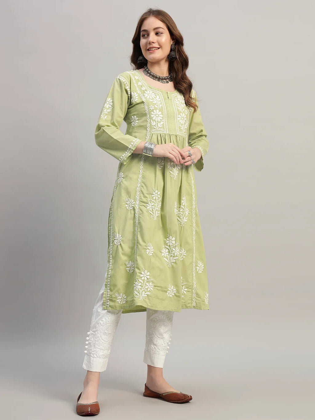 Premium Lucknowi Chikankari A-Line Kurti for Women | Hand Embroidered Ethnic Wear