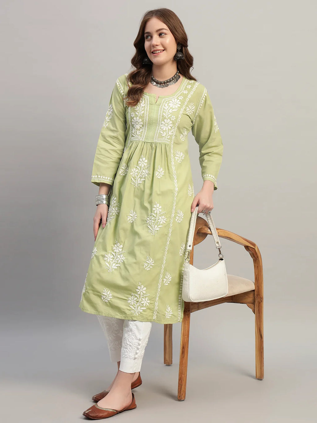 Premium Lucknowi Chikankari A-Line Kurti for Women | Hand Embroidered Ethnic Wear