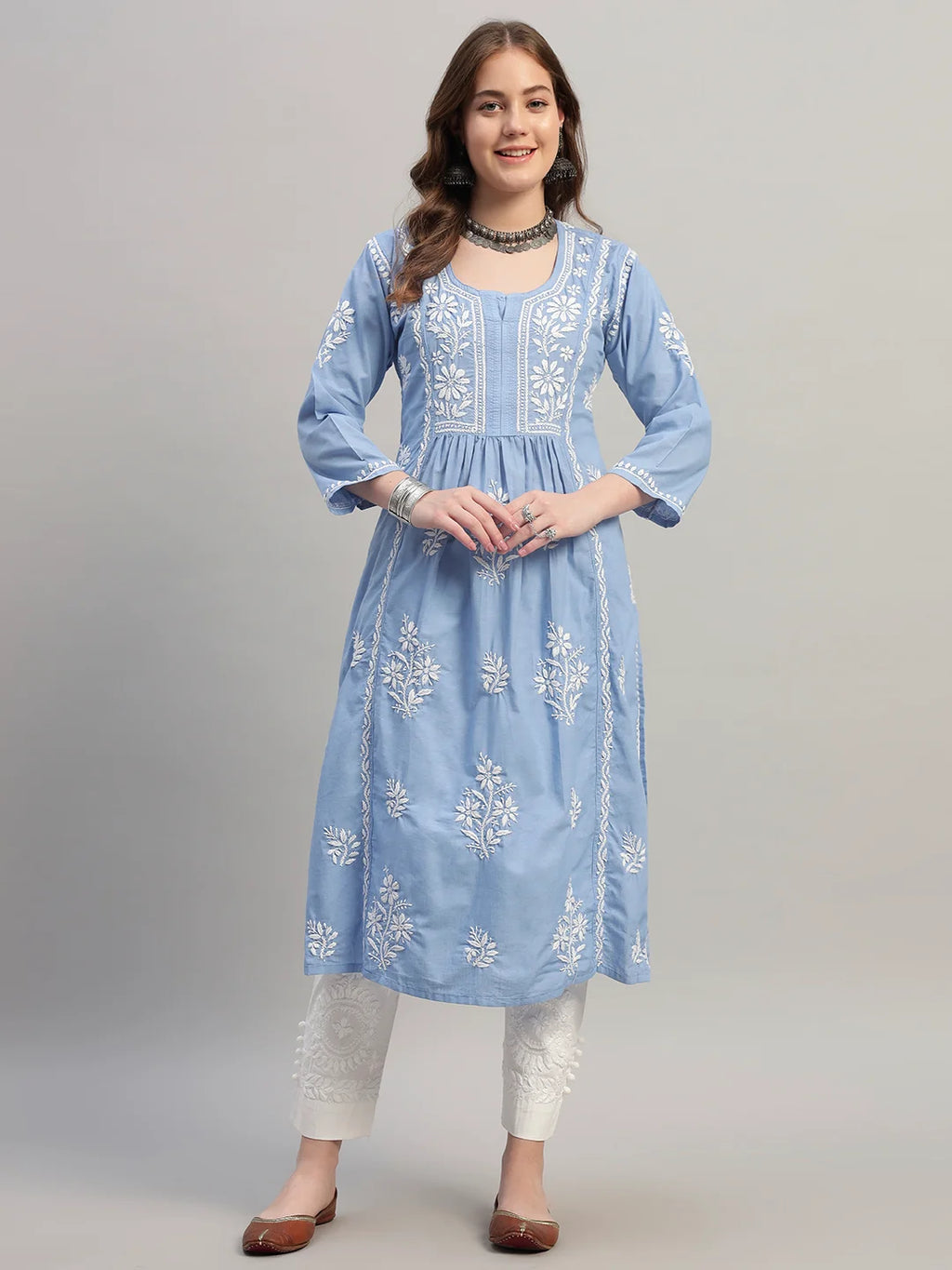 Premium Lucknowi Chikankari A-Line Kurti for Women | Hand Embroidered Ethnic Wear