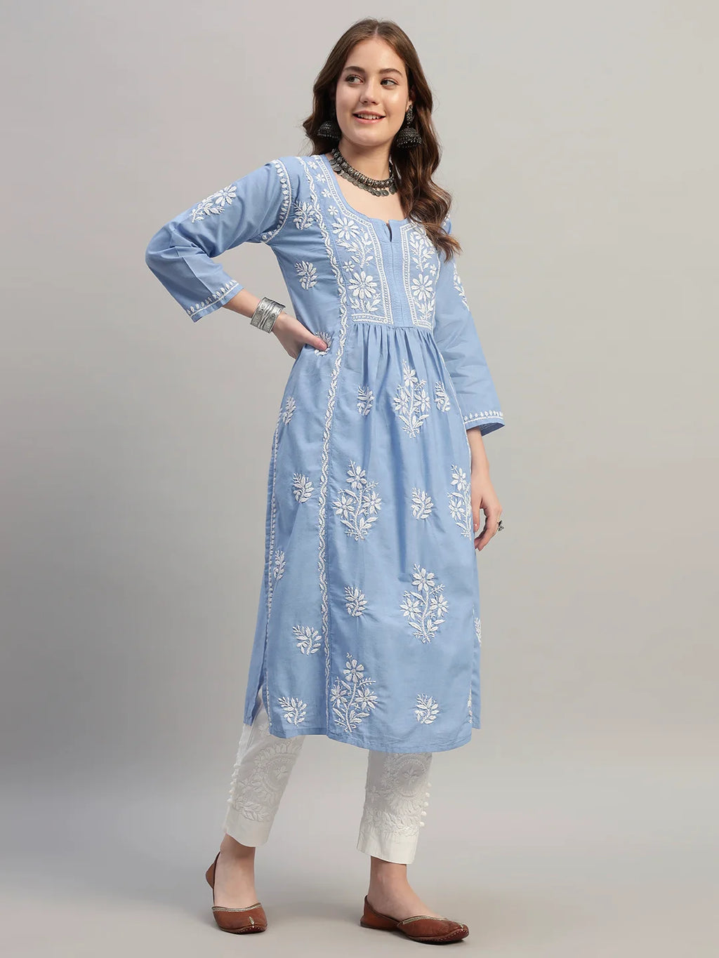 Premium Lucknowi Chikankari A-Line Kurti for Women | Hand Embroidered Ethnic Wear