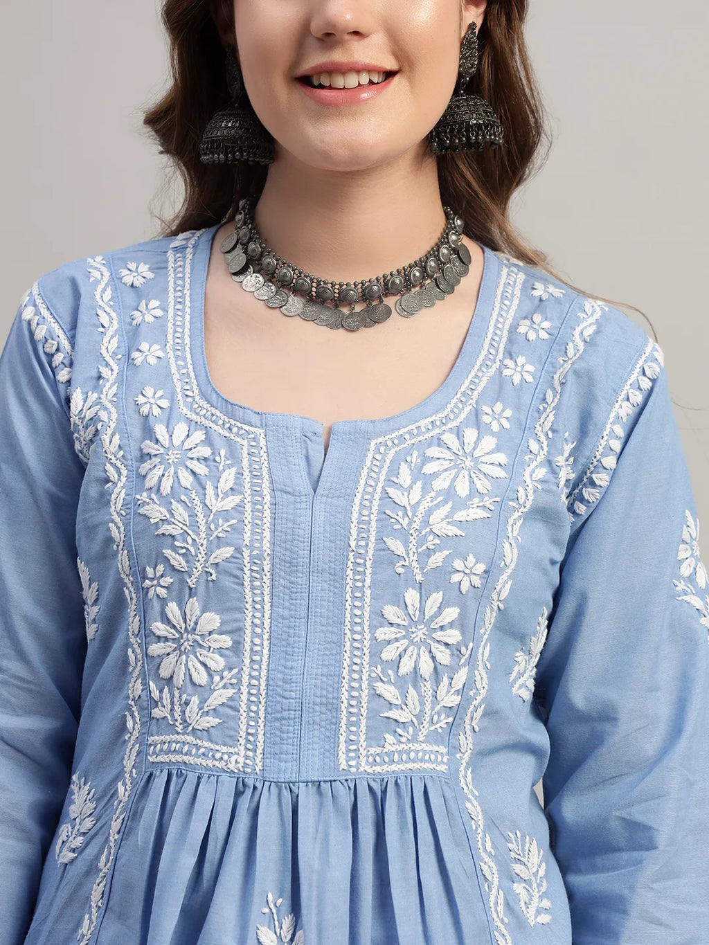 Premium Lucknowi Chikankari A-Line Kurti for Women | Hand Embroidered Ethnic Wear