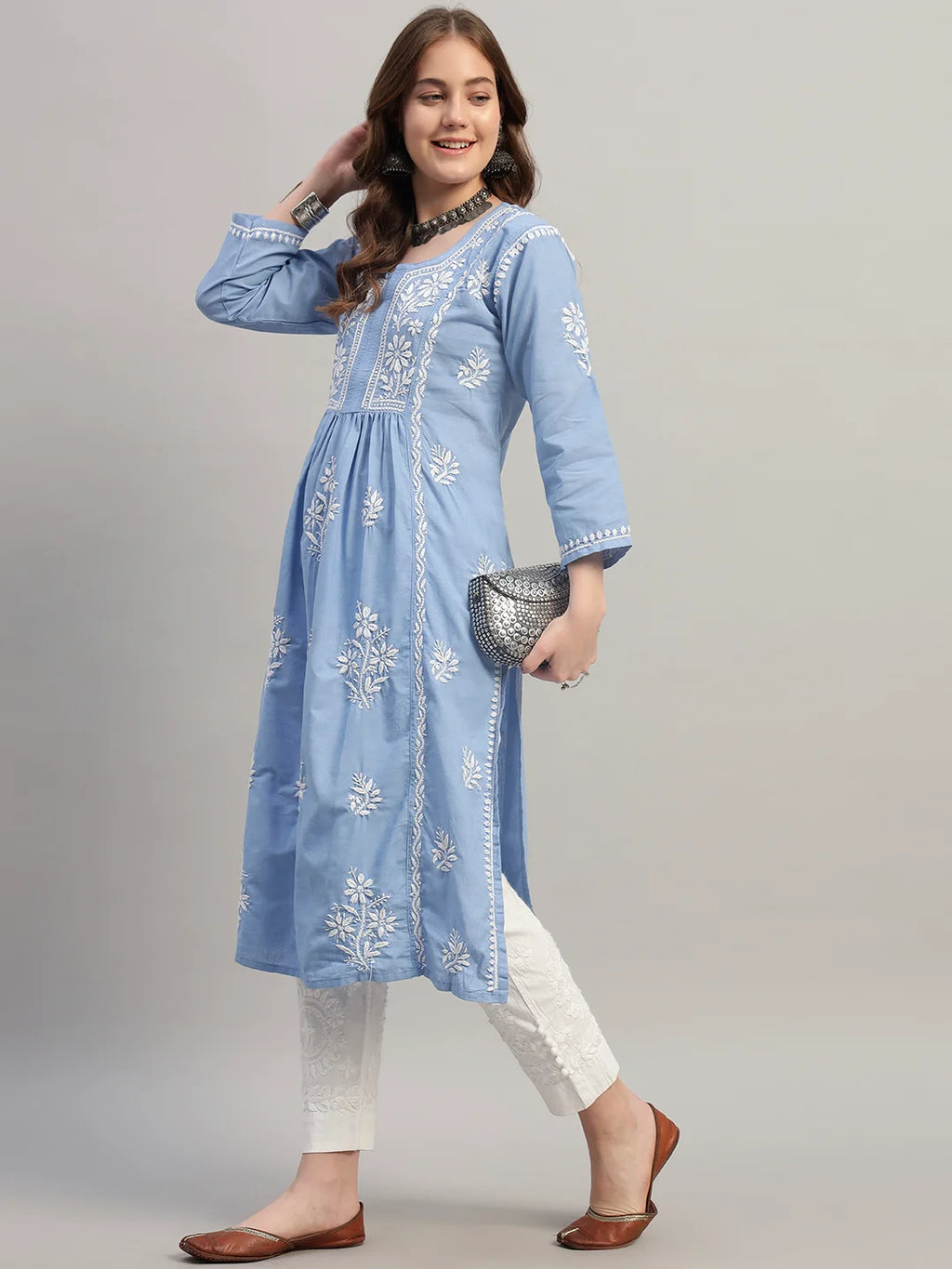 Premium Lucknowi Chikankari A-Line Kurti for Women | Hand Embroidered Ethnic Wear