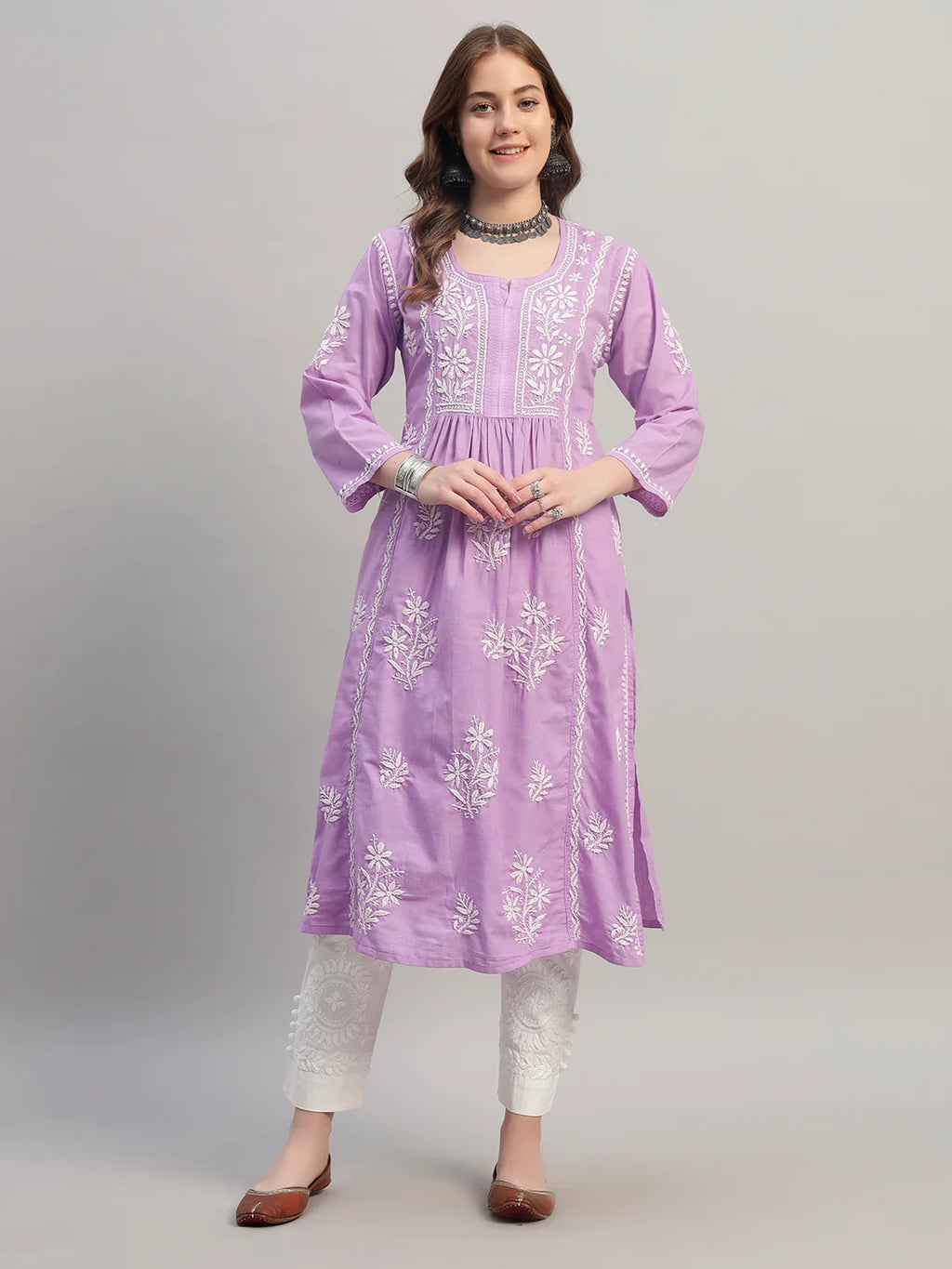 Premium Lucknowi Chikankari A-Line Kurti for Women | Hand Embroidered Ethnic Wear