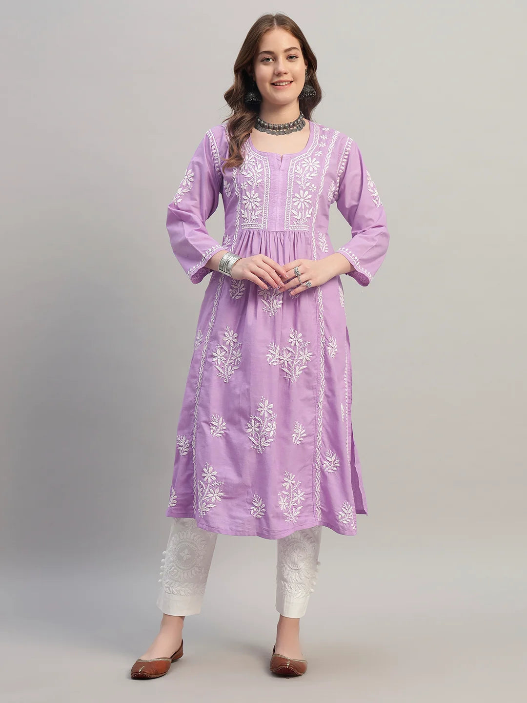 Premium Lucknowi Chikankari A-Line Kurti for Women | Hand Embroidered Ethnic Wear