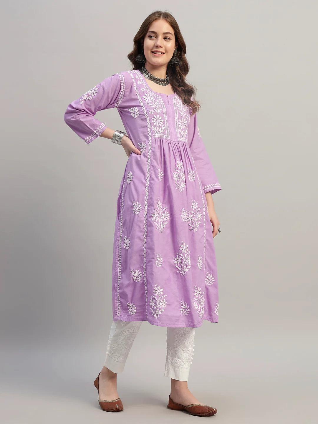 Premium Lucknowi Chikankari A-Line Kurti for Women | Hand Embroidered Ethnic Wear