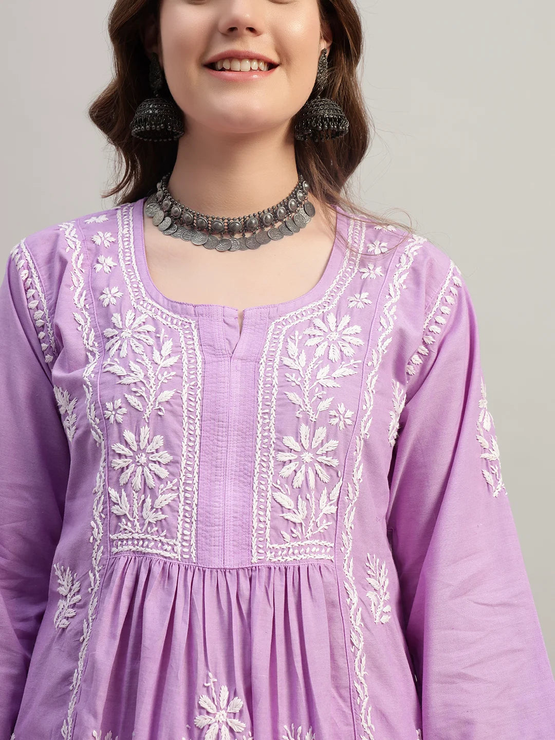 Premium Lucknowi Chikankari A-Line Kurti for Women | Hand Embroidered Ethnic Wear
