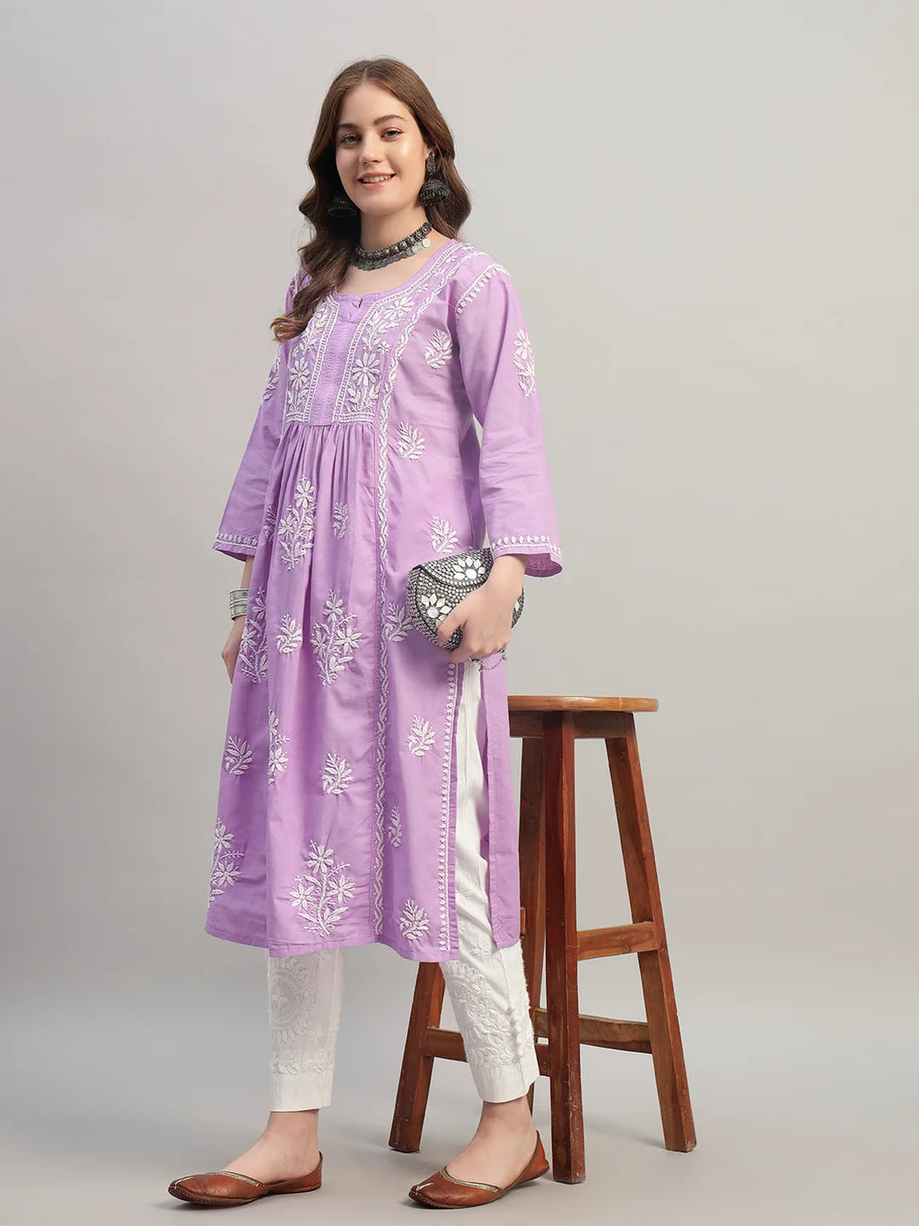Premium Lucknowi Chikankari A-Line Kurti for Women | Hand Embroidered Ethnic Wear
