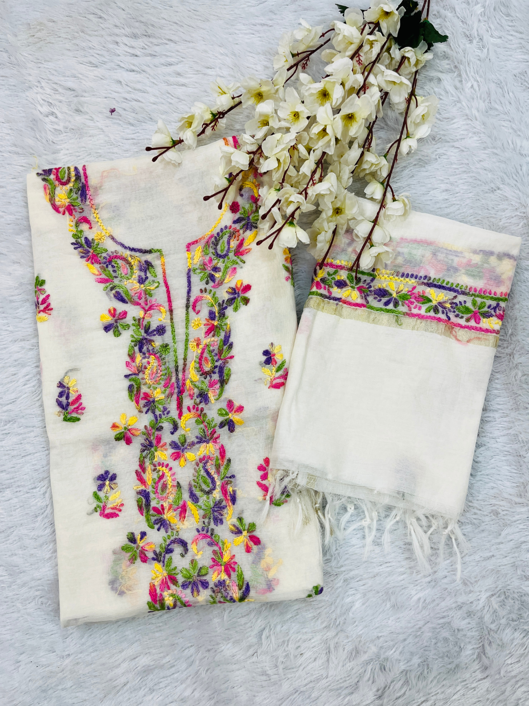 Premium Multicolor Handwork Mul Chanderi Unstitched Suit Set