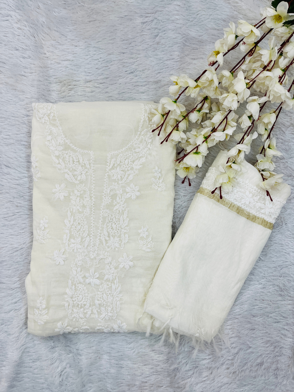 Premium Ivory Handwork Mul Chanderi Unstitched Suit Set
