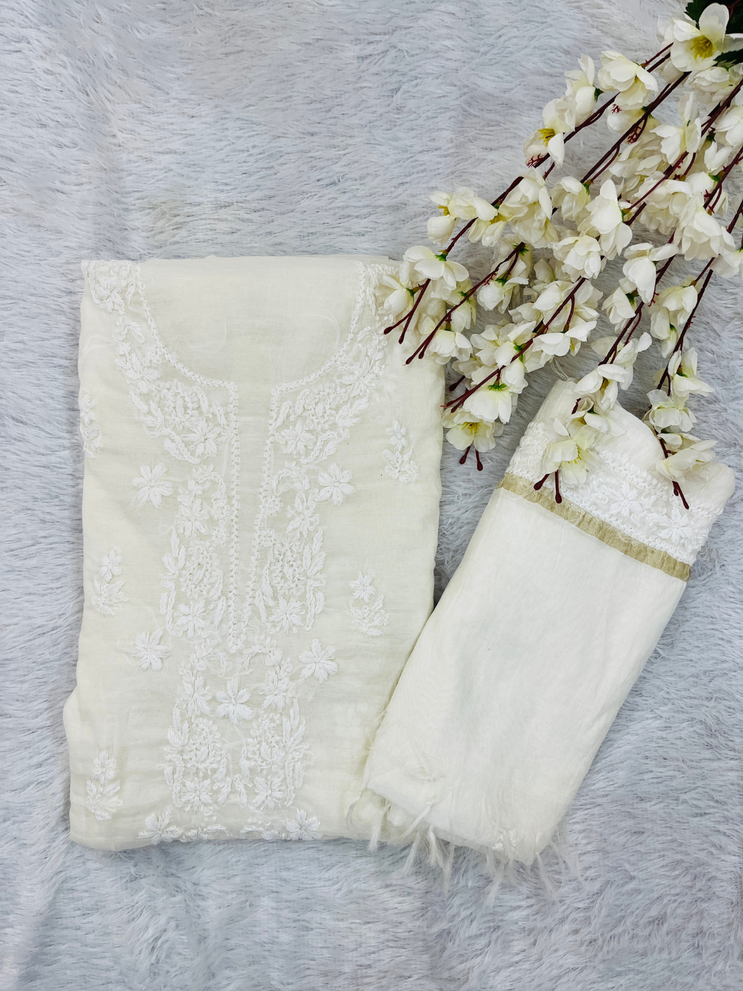 Premium Ivory Handwork Mul Chanderi Unstitched Suit Set