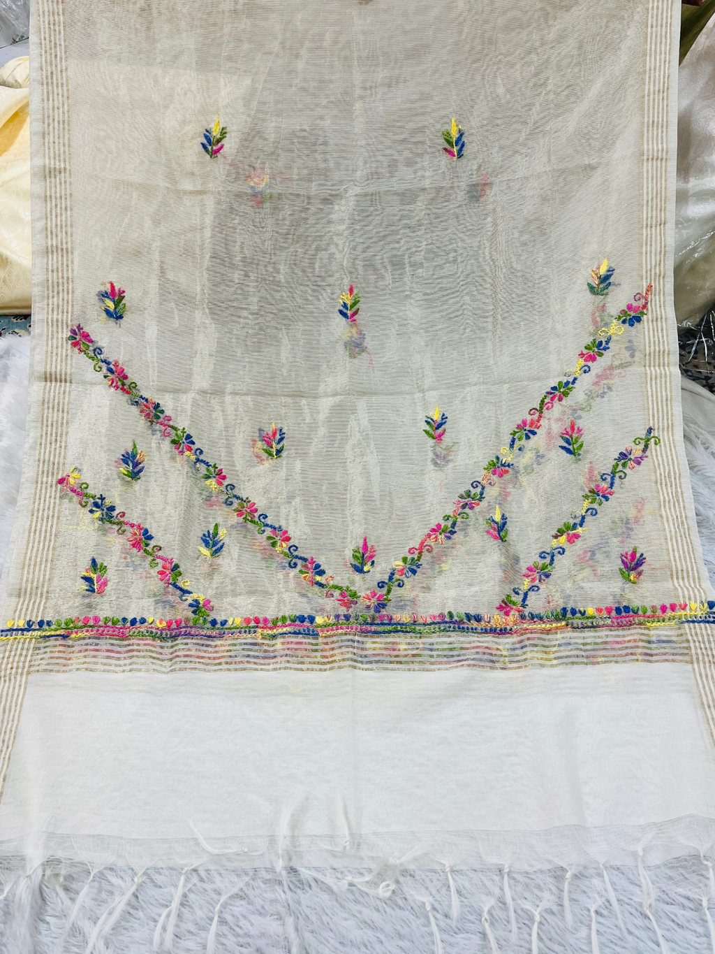 Luxury Multicolor Handwork Mul Chanderi Unstitched Suit