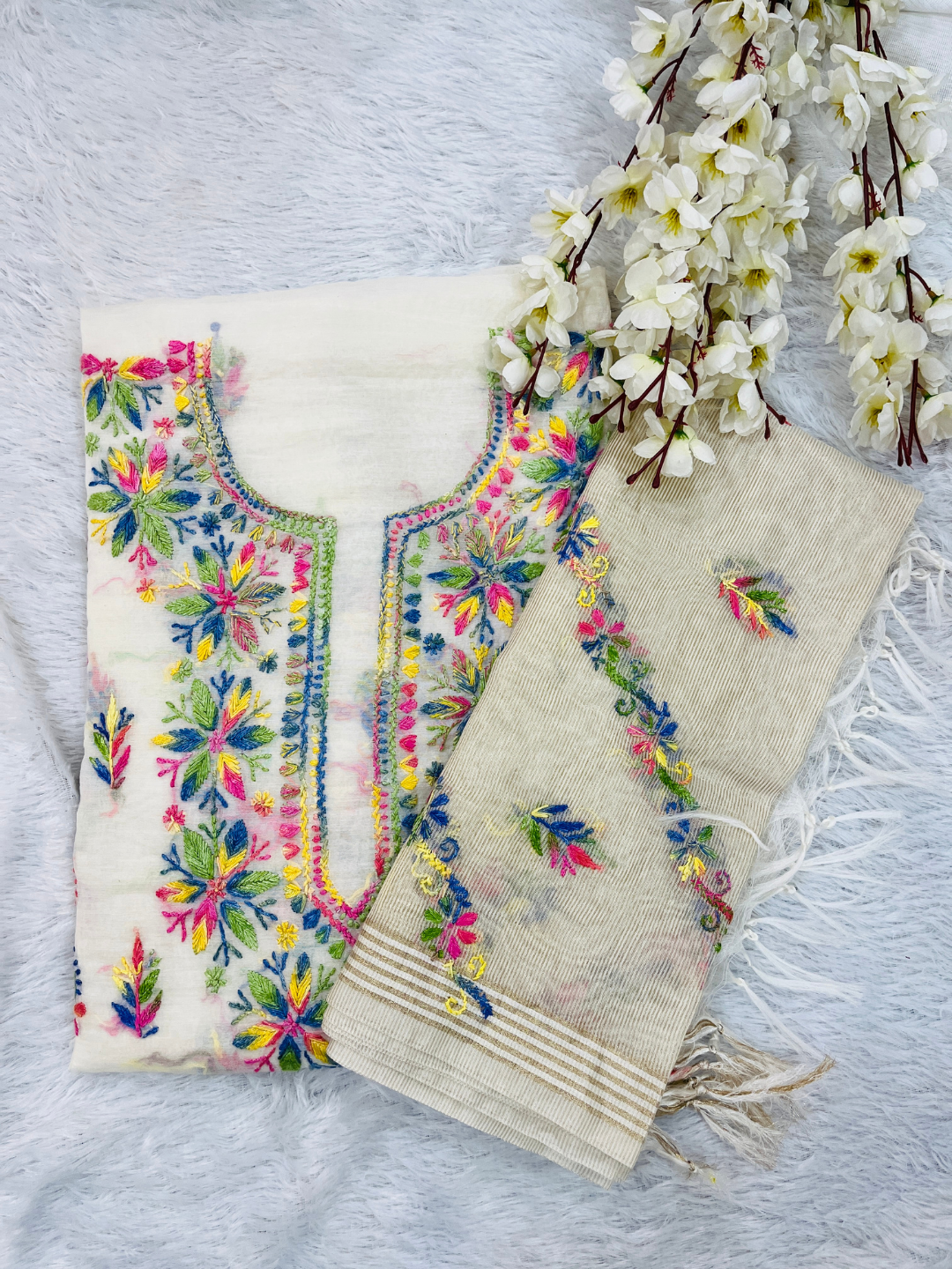 Luxury Multicolor Handwork Mul Chanderi Unstitched Suit