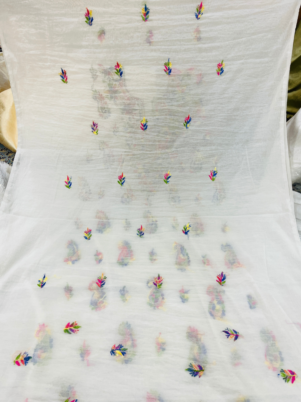 Luxury Multicolor Handwork Mul Chanderi Unstitched Suit