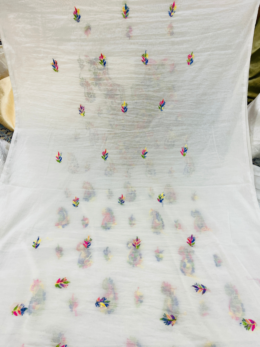 Luxury Multicolor Handwork Mul Chanderi Unstitched Suit