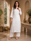 Royal Ivory Muslin Handwork Kurti Set for Women | Premium Lucknowi Elegance