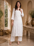 Royal Ivory Muslin Handwork Kurti Set for Women | Premium Lucknowi Elegance