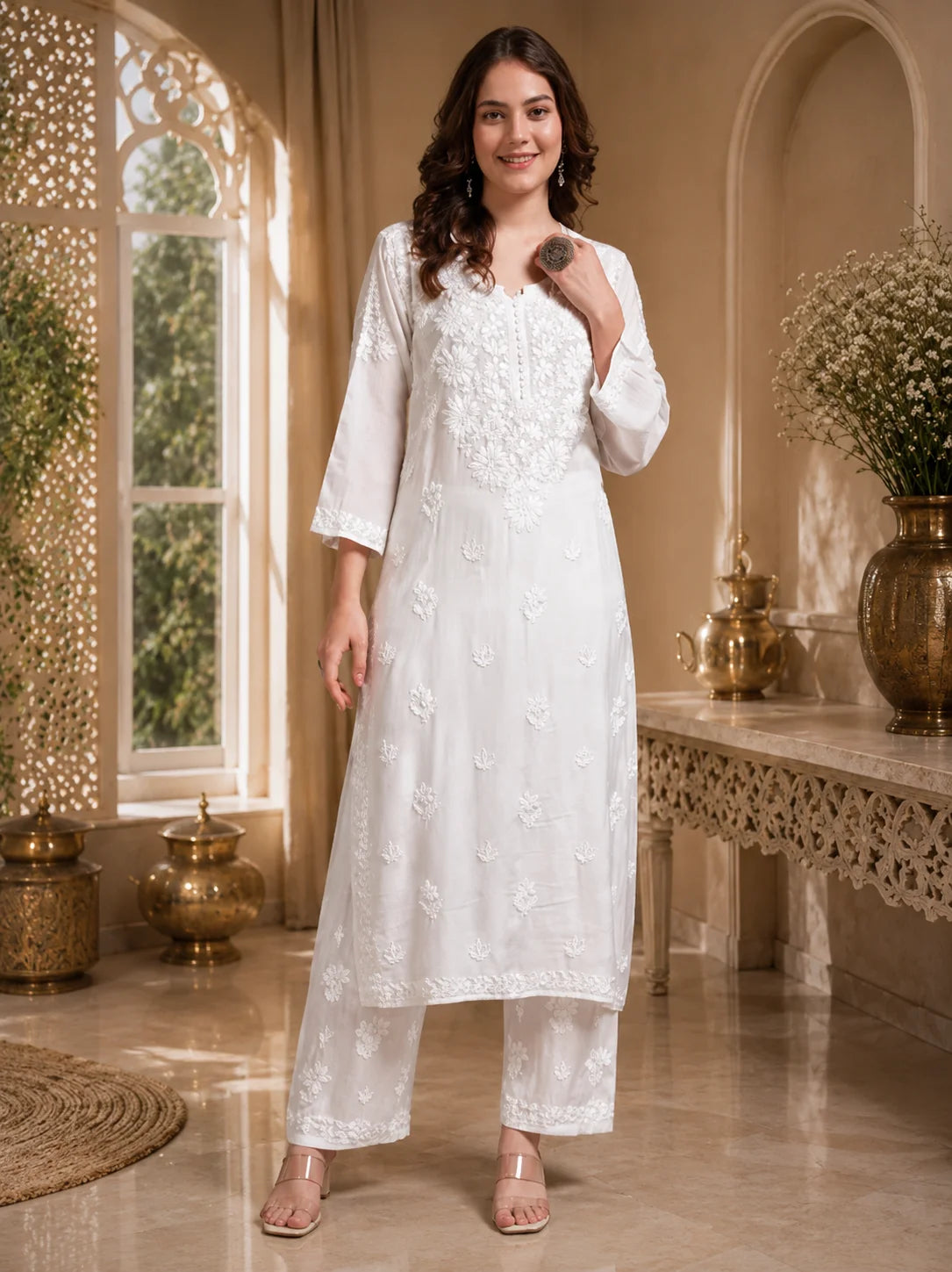 Royal Ivory Muslin Handwork Kurti Set for Women | Premium Lucknowi Elegance