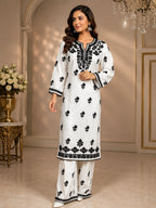 Premium White & Black Handcrafted Chikankari Kurta Palazzo Set for Women | Elegant Ethnic Wear