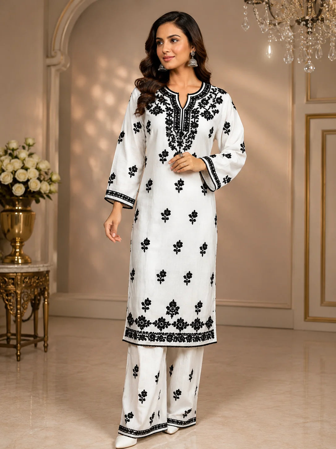 Premium White & Black Handcrafted Chikankari Kurta Palazzo Set for Women | Elegant Ethnic Wear