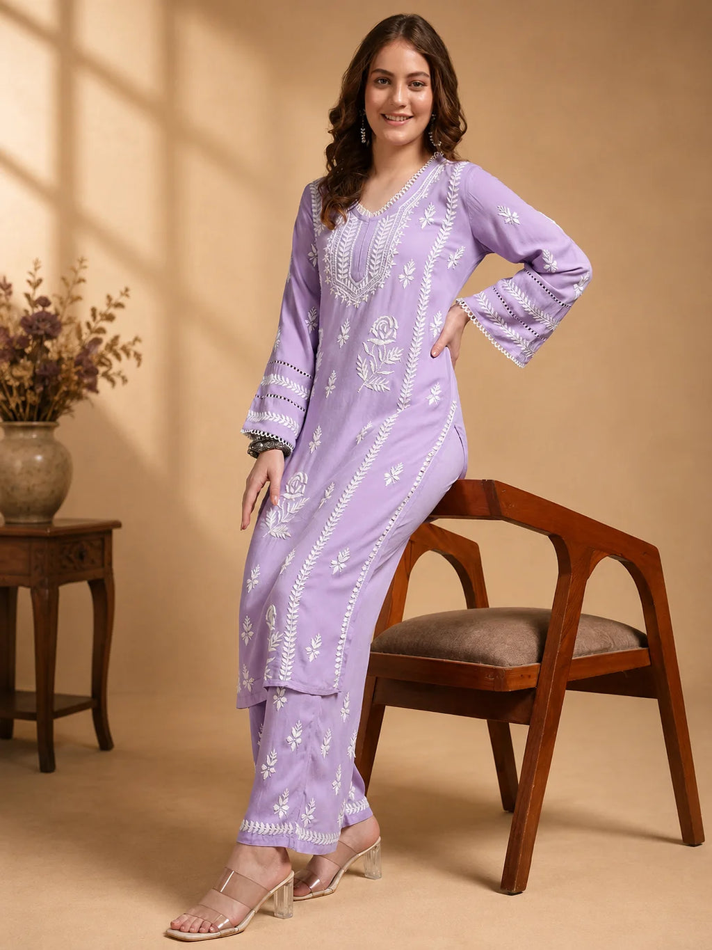 Premium Lavender Handcrafted Chikankari Kurta Palazzo Set for Women | Elegant Lucknowi Ethnic Wear