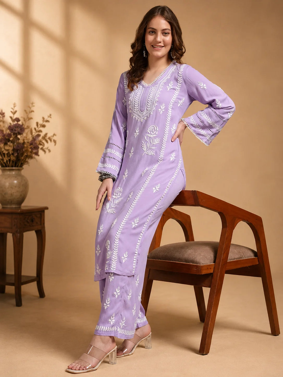 Premium Lavender Handcrafted Chikankari Kurta Palazzo Set for Women | Elegant Lucknowi Ethnic Wear